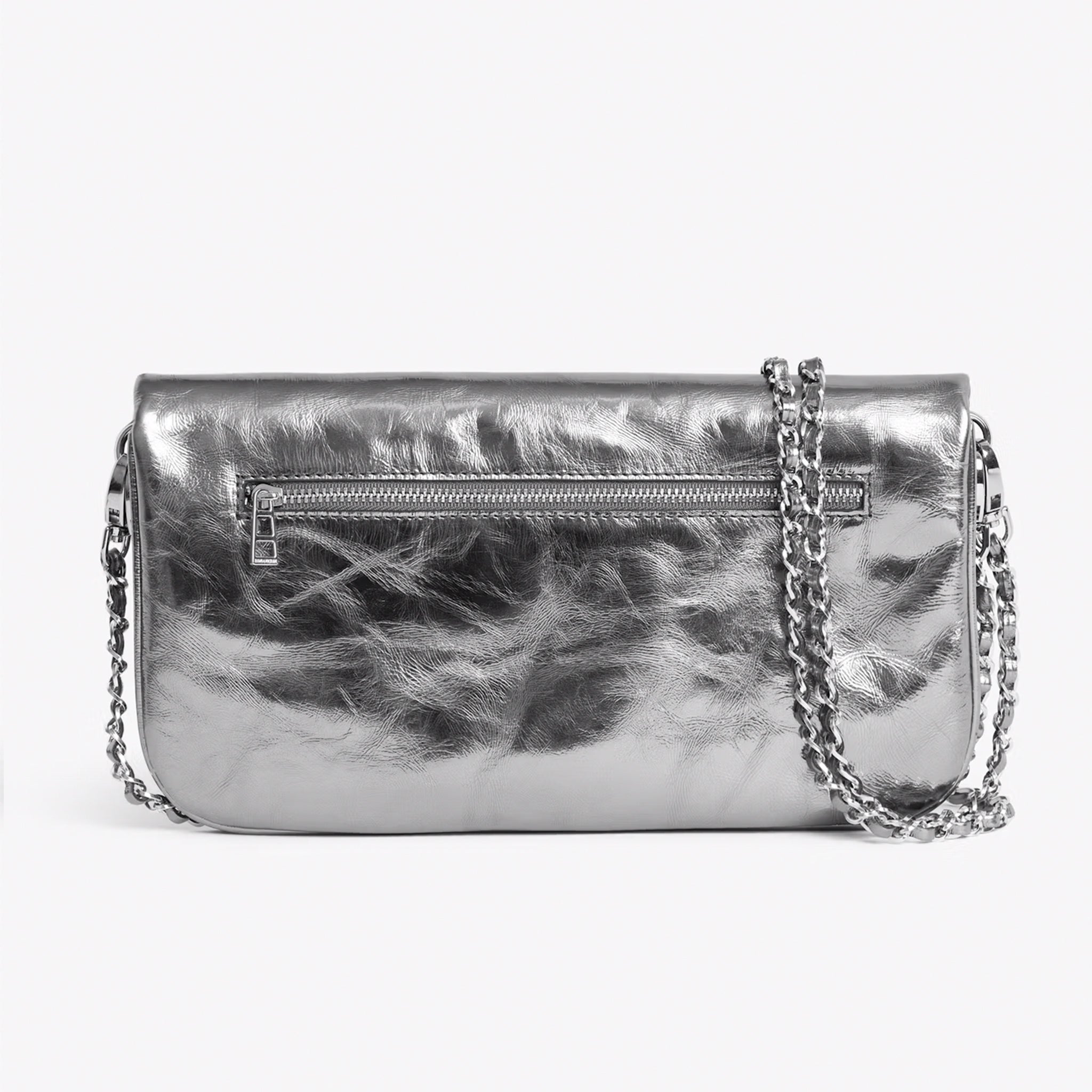 Back view of a  Silver metallic clutch bag with a chain strap and a zipper across on a white background