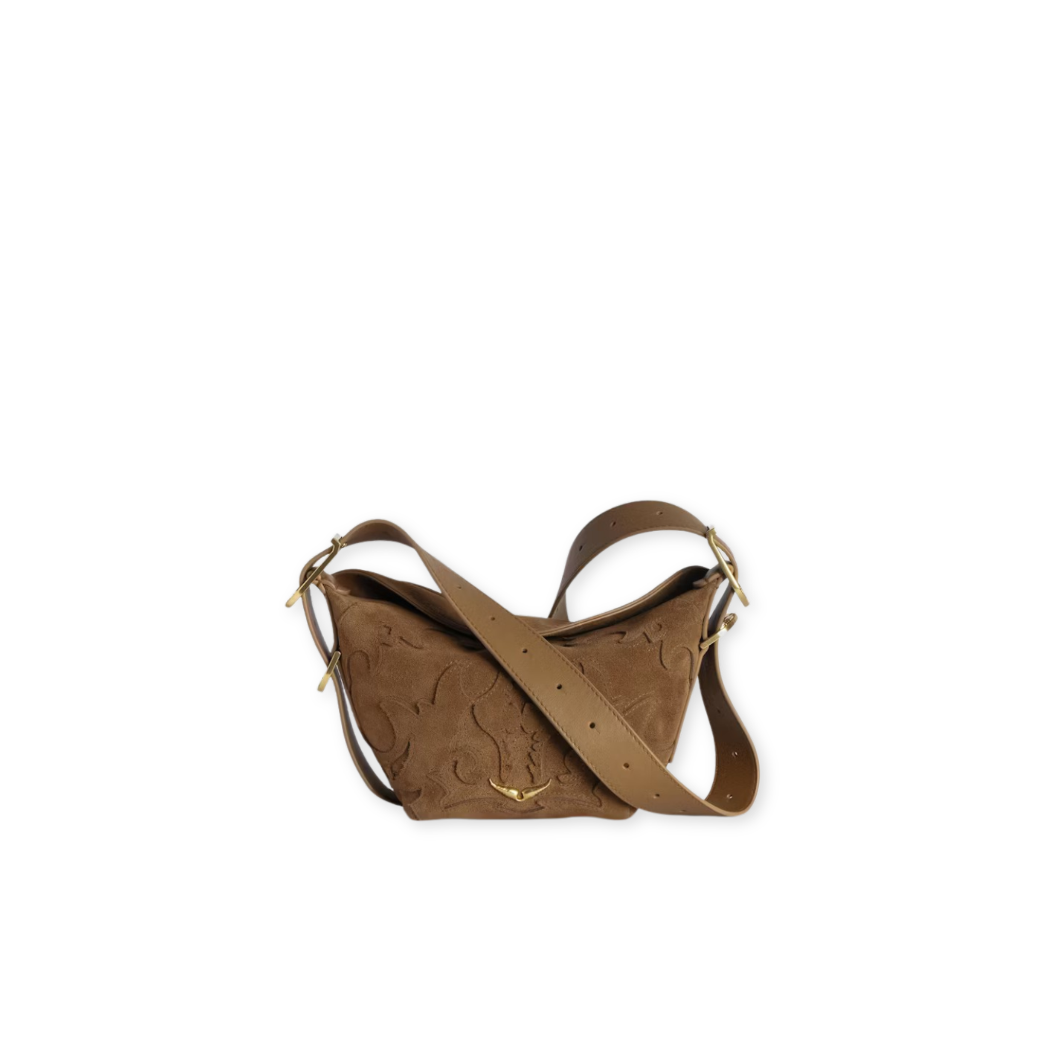 Front view of a brown leather handbag with decorative stitching on a white background