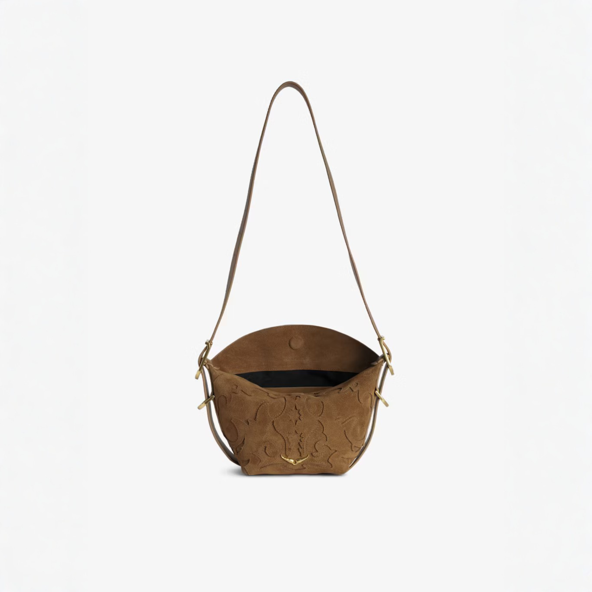 Brown leather handbag with intricate design on a white background