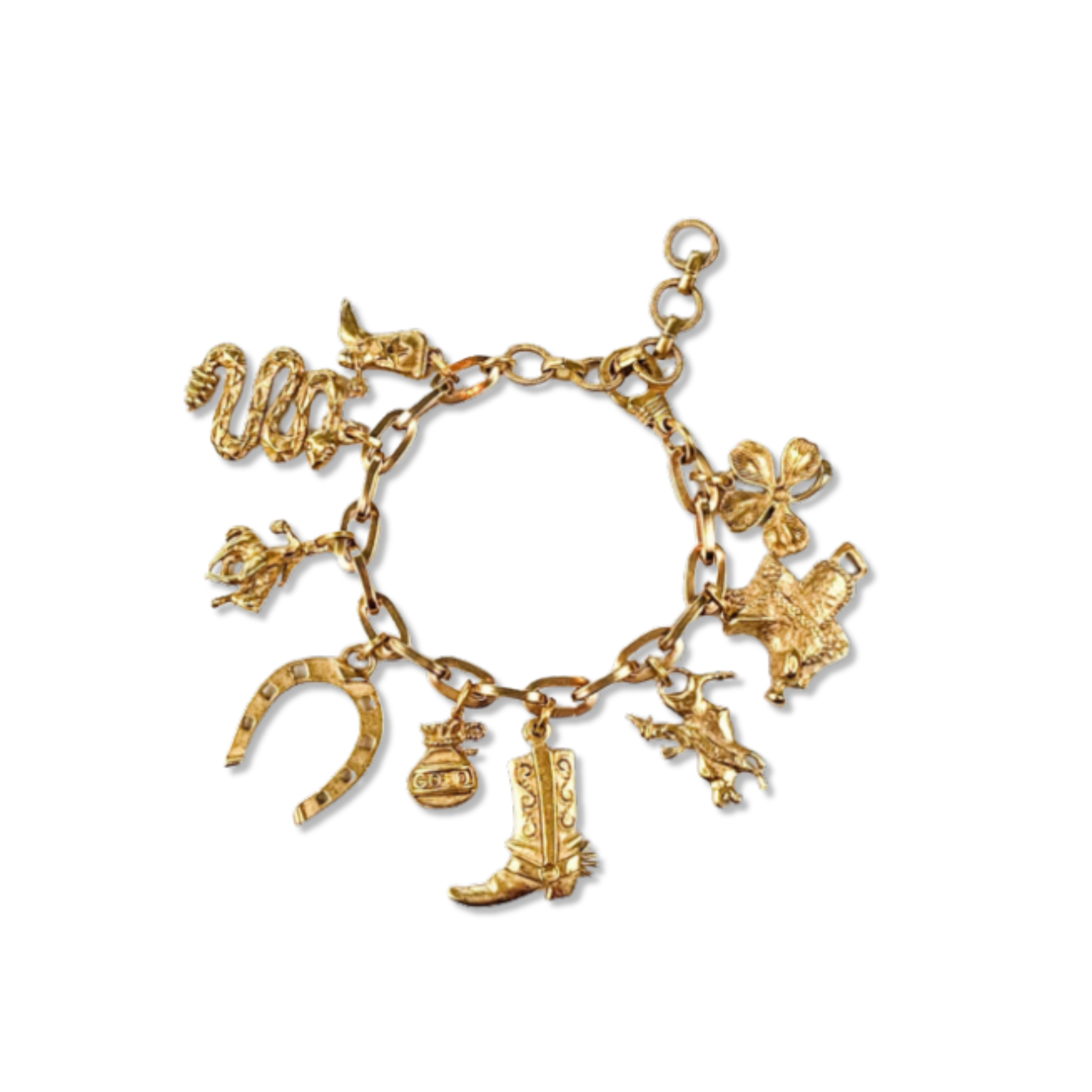 Gold charm bracelet with various charms on a white background