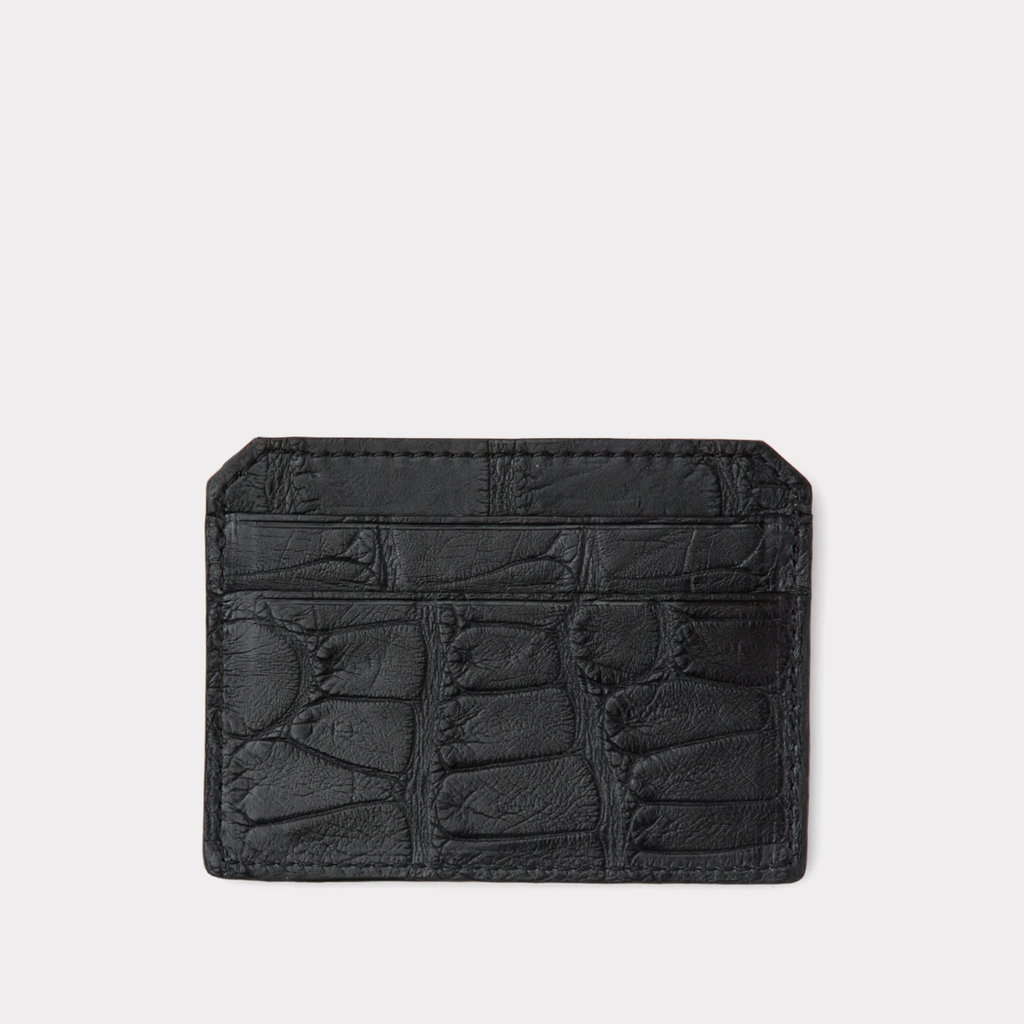 Black alligator cardholder on a light gray background