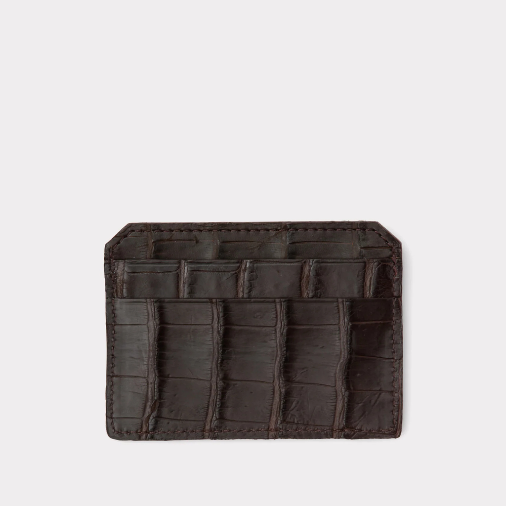 Dark brown leather cardholder on a light gray background