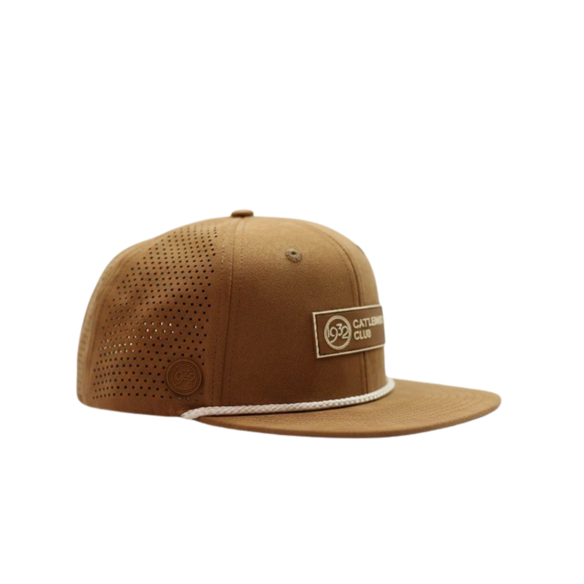 Side view of a brown suede cap on a white background