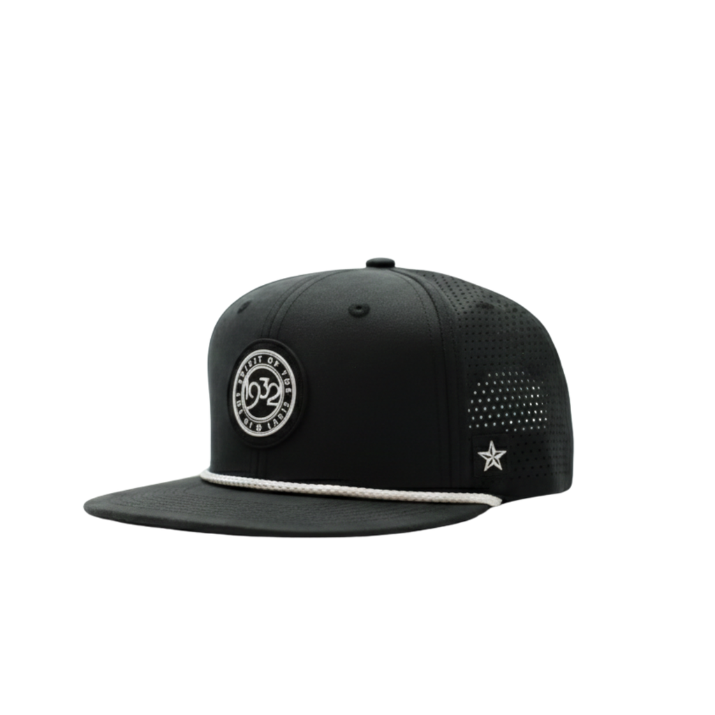 Side view of a Black cap with a logo on a white background