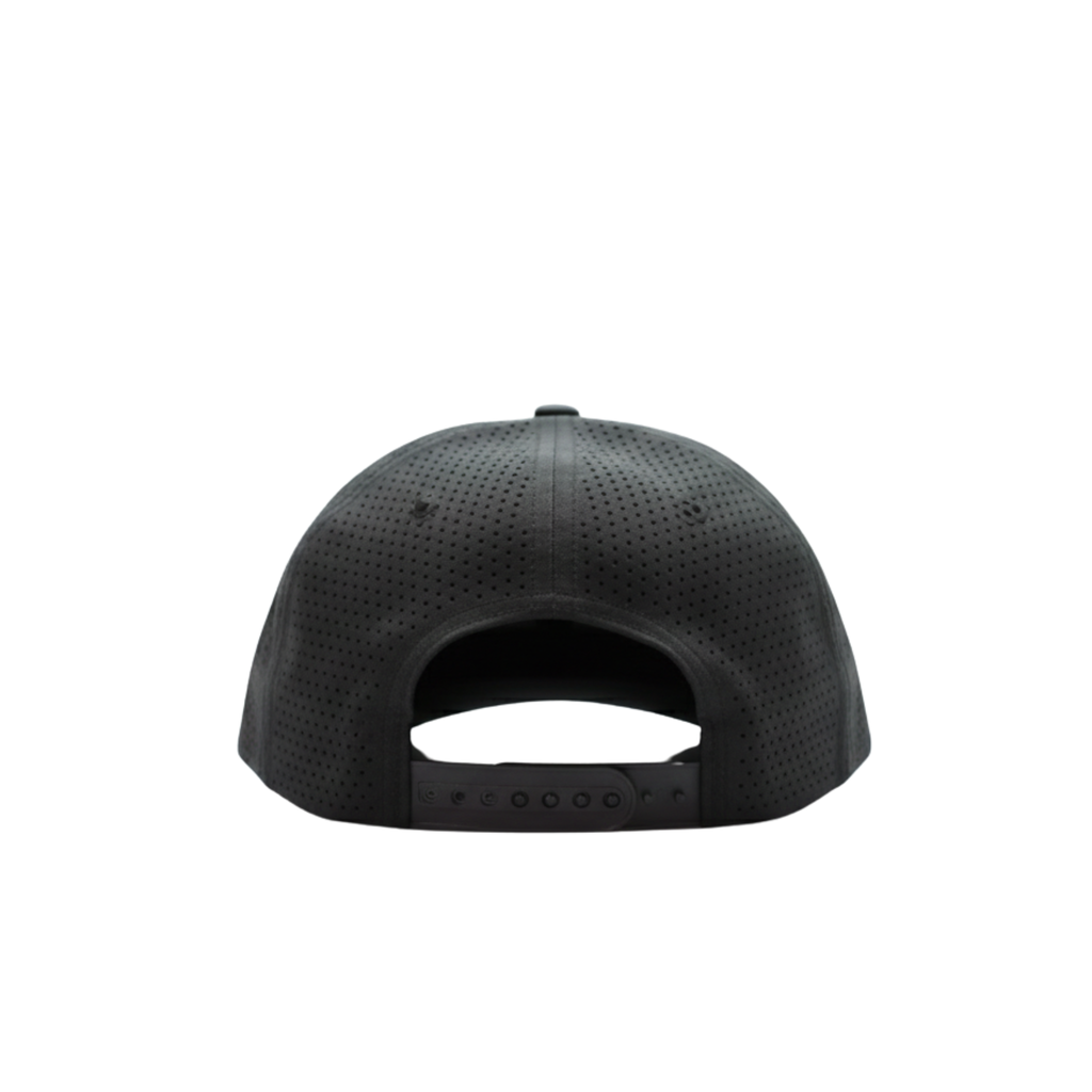 Back view of a Black cap with a textured pattern with snap back closure on a white background