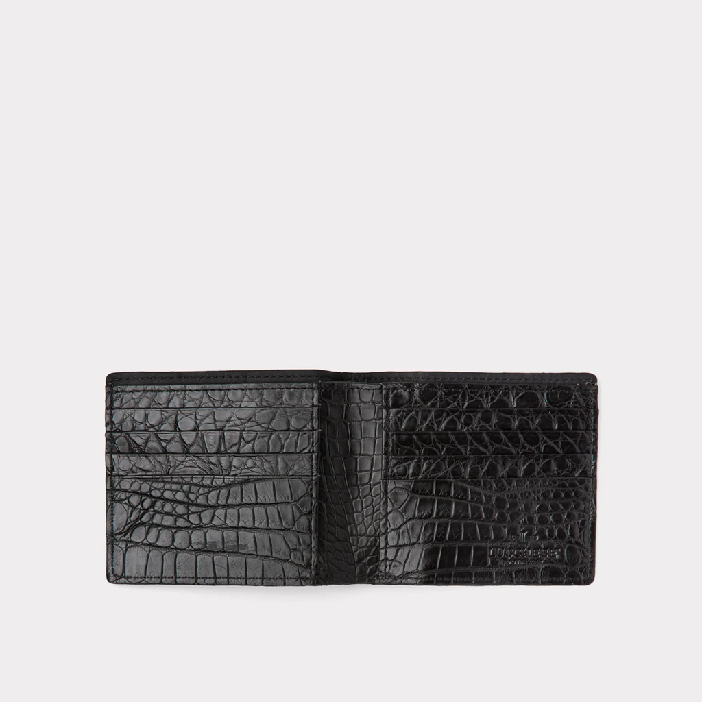 Black textured wallet on a light gray background