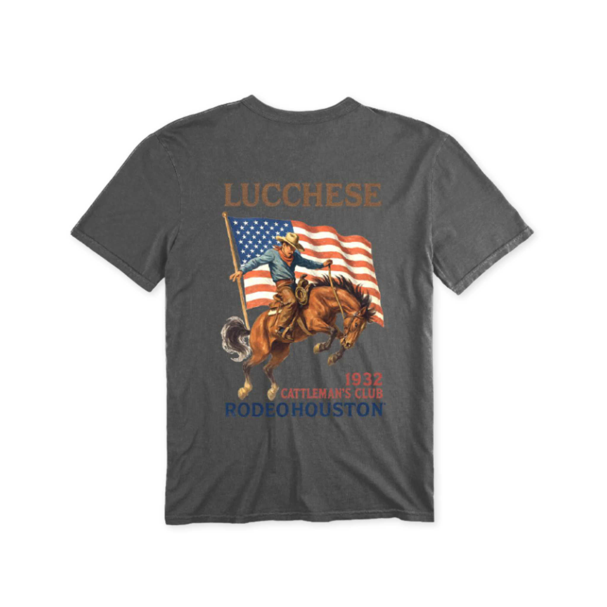 Gray t-shirt with a graphic of a cowboy on a horse holding an American flag, featuring the Lucchese brand.