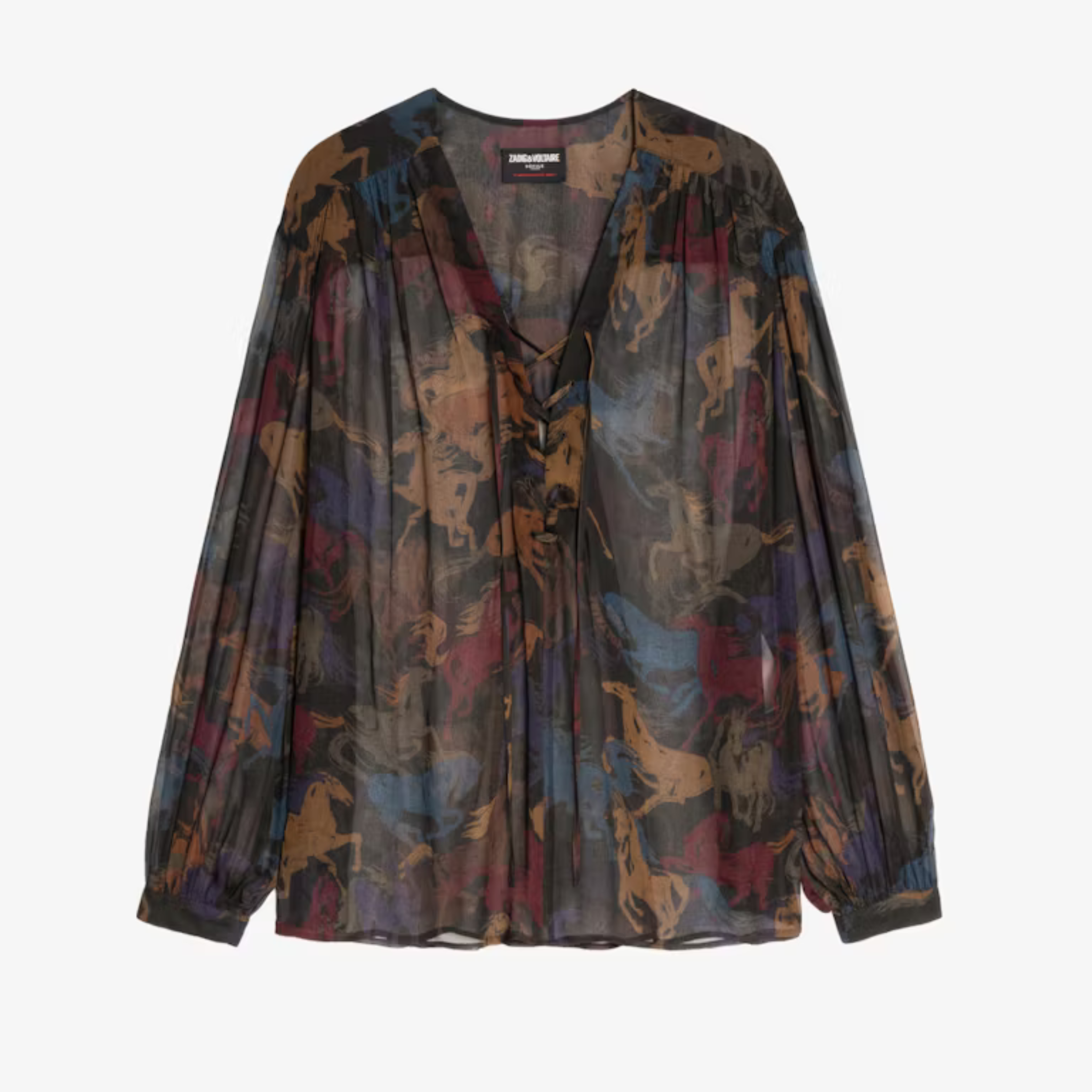 Sheer blouse with horse print on a white background