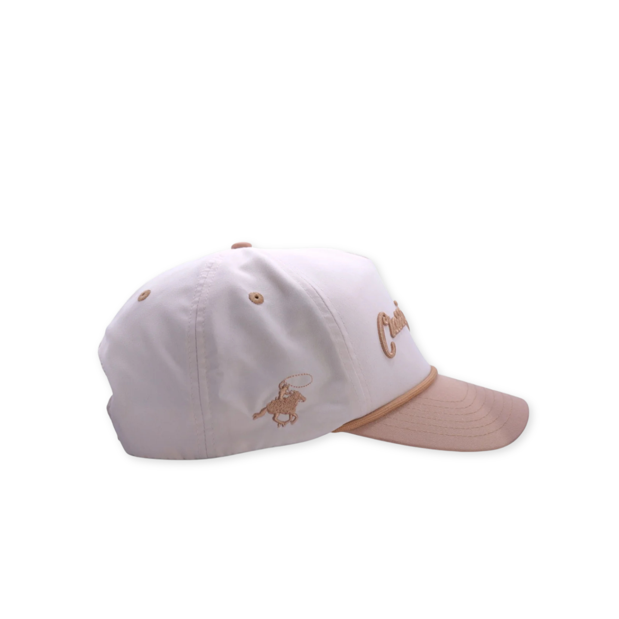 Side view of a White cap with beige brim and embroidered logo on a white background