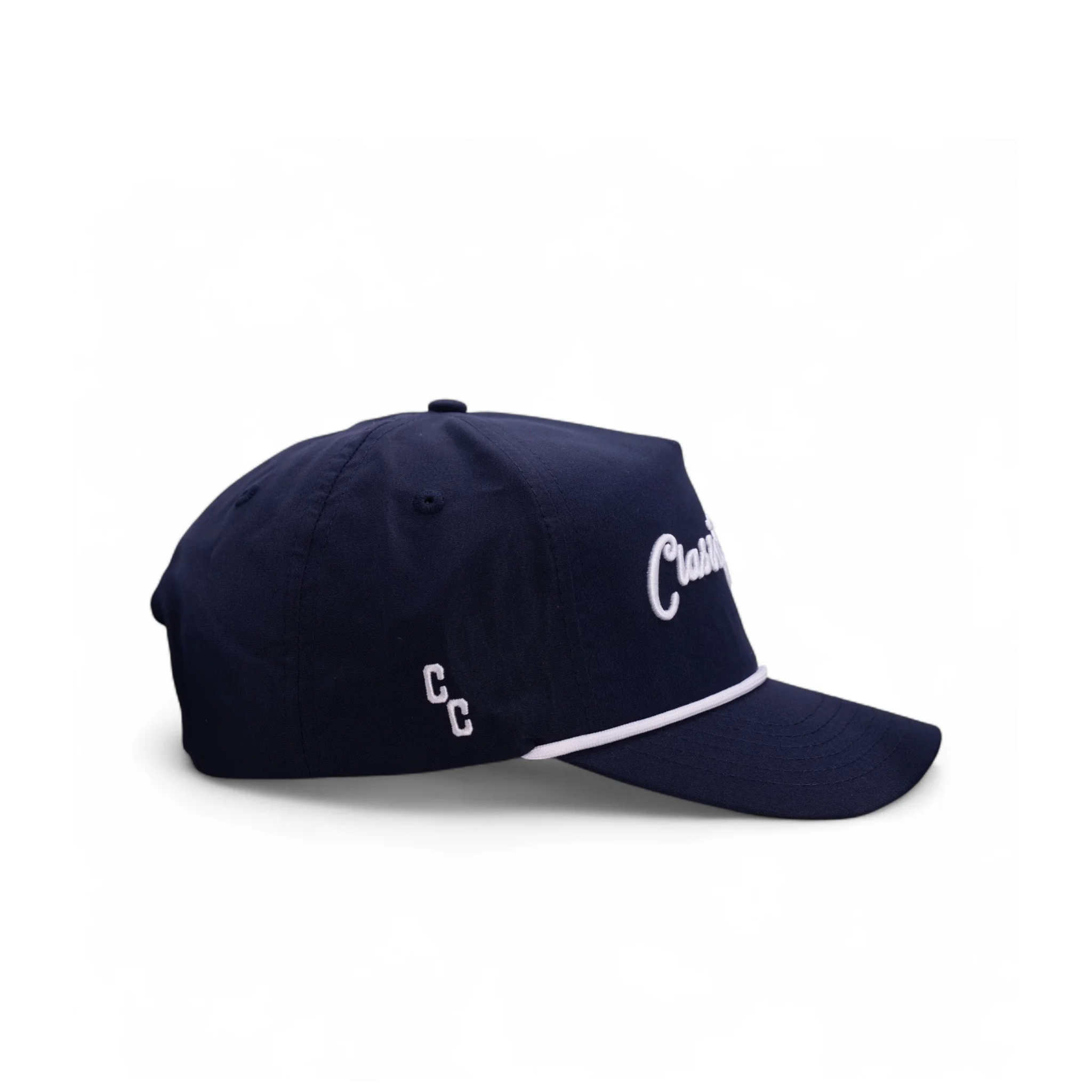  Side view of a Navy blue cap with white text and logo on a white background