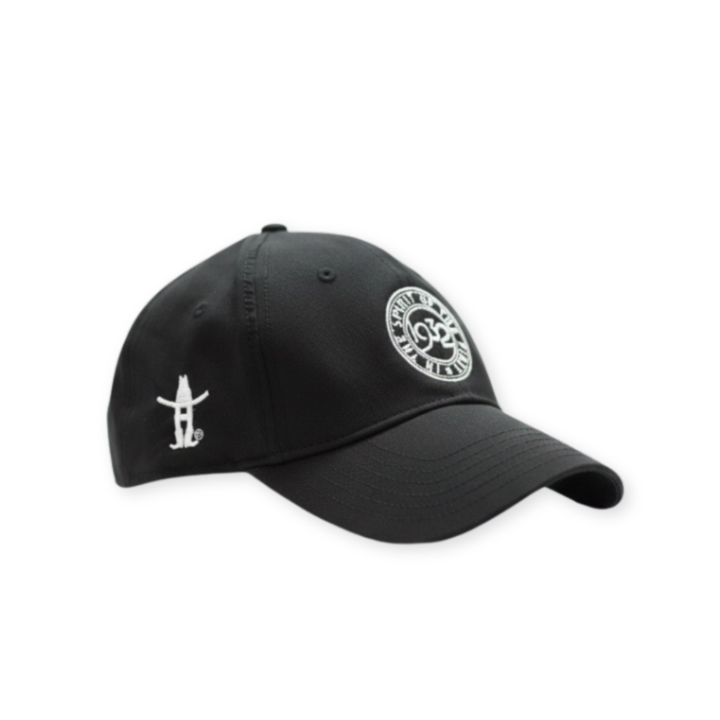 Black cap with white logo on a white background