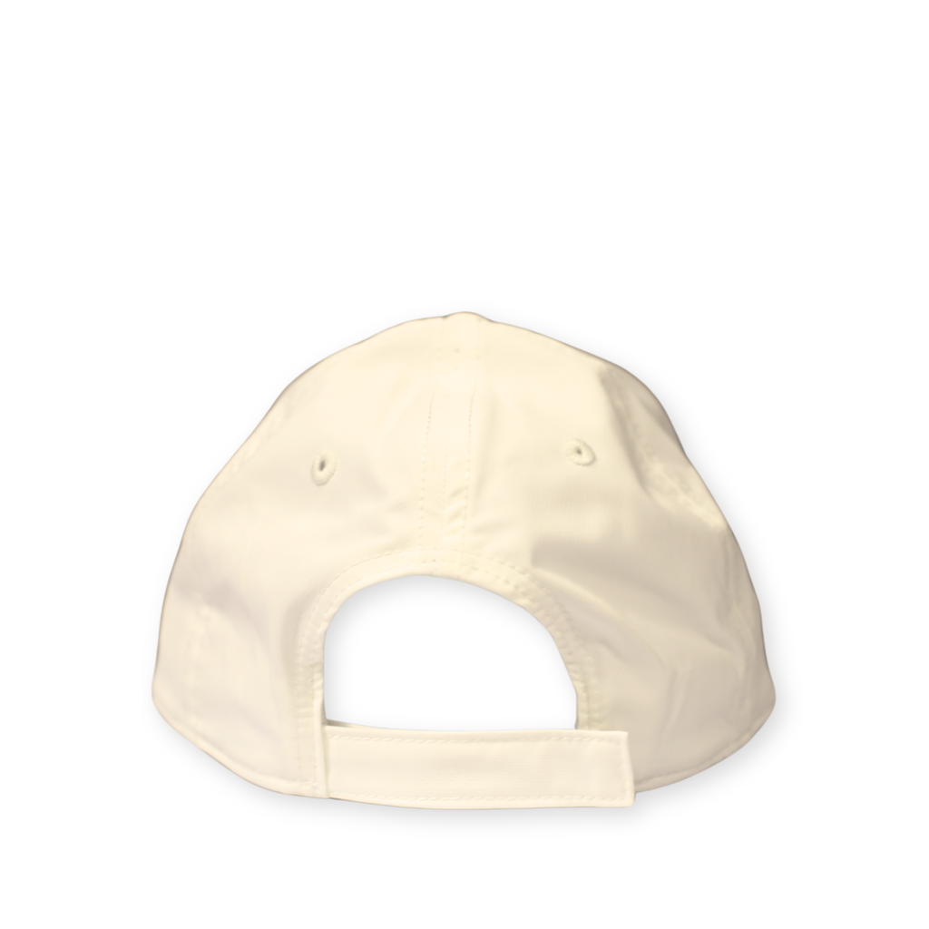 back view of white baseball cap with Velcro closure on a white background